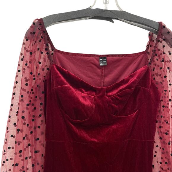 Shein Sweetheart Neck Contrast Dobby Mesh Lantern Sleeve Velvet Dress Medium - Picture 4 of 6